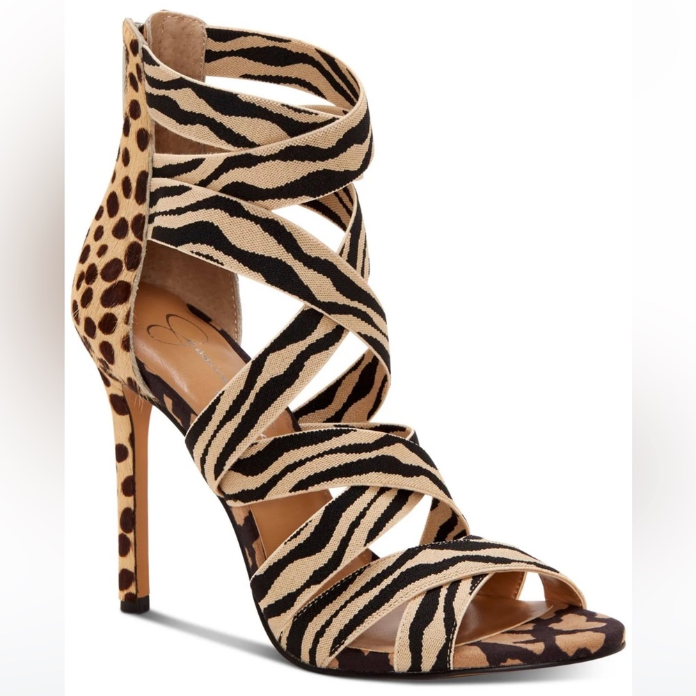 Jessica Simpson Jyra Elastic Strappy Heel Dress Sandals Leopard Cow Hair Fur 7M